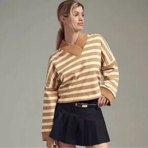 Maeve V-Neck Striped Sweater in Tan and Cream
